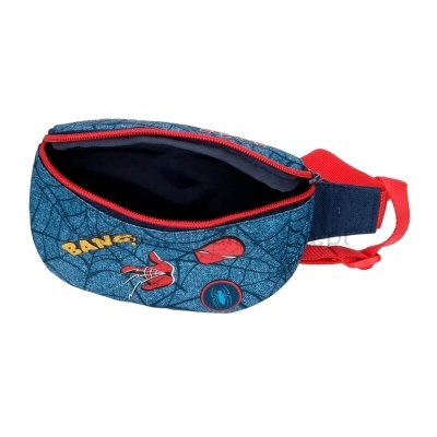 Bolsa de cintura azul com desenhos e fecho vermelho aberta