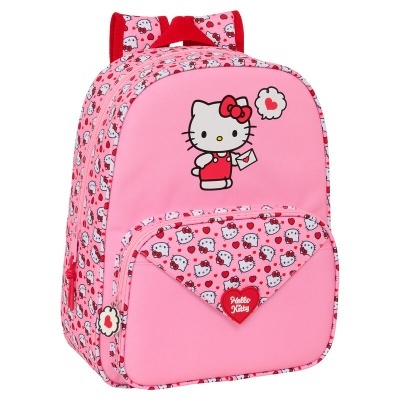 mochila rosa Hello Kitty com padrão de personagens e fecho decorativo