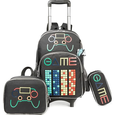 Conjunto de mochila, lancheira e estojo pretos com estampas coloridas de videojogos