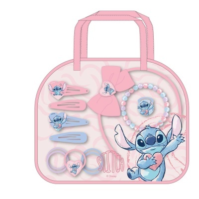 Mala rosa com acessórios da personagem Stitch da Disney
