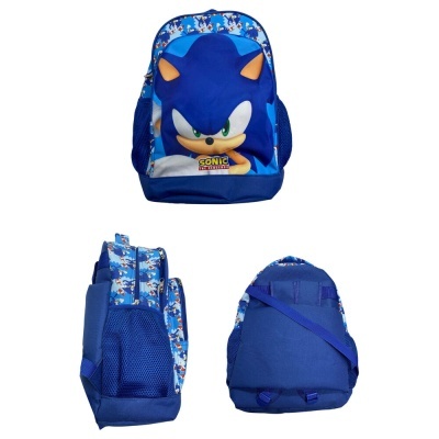 Mochila azul com estampa do Sonic the Hedgehog vista de frente, lateral e costas