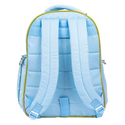 Mochila azul claro vista de traseira com alças almofadadas e zíper