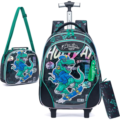 Mochila de rodinhas preta e azul com desenho de dinossauro a andar de skate