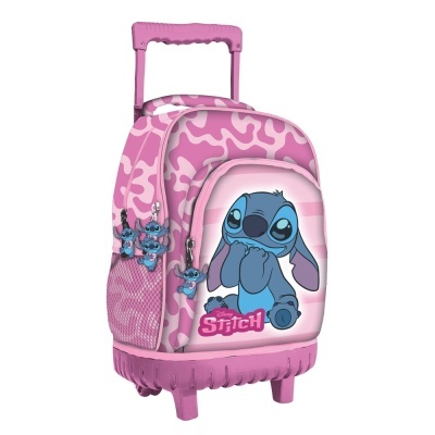 Mochila de rodinhas rosa com Stitch azul e padrão camuflado