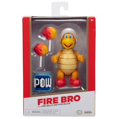 Figura Fire Bro com bolas de fogo e bloco POW na embalagem