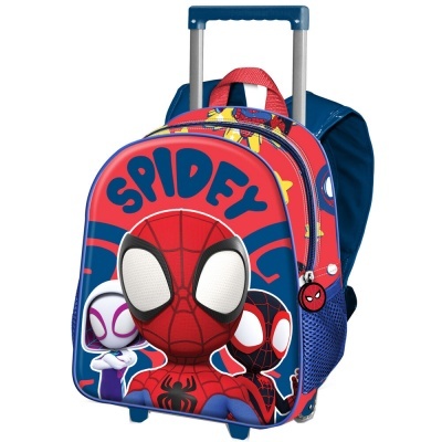 Mochila de rodinhas azul e vermelha com design do Homem-Aranha e texto SPIDEY
