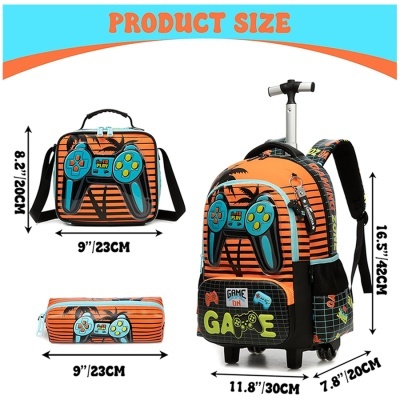 Conjunto de mochila, lancheira e estojo coloridos com tema de videojogos e texto GAME ON