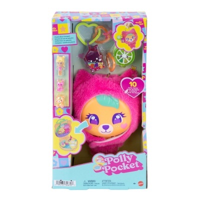 Brinquedo Polly Pocket estojo compacto com pelúcia rosa e acessórios coloridos
