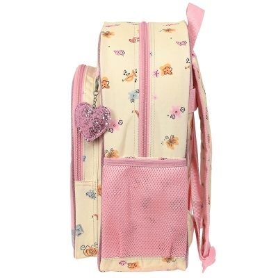 Mochila infantil bege com padrão floral e bolsos laterais cor-de-rosa