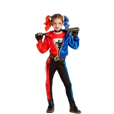 Roupa de criança Harley Quinn com casaco vermelho e azul e calças pretas com detalhes coloridos