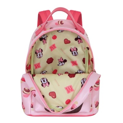 mochila rosa clara com padrão interior da Minnie Mouse
