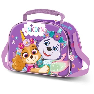 Mala infantil roxa com ilustração de cães e palavra UNICORN