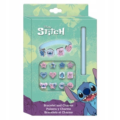 Conjunto de pulseira azul clara com pendentes coloridos Disney Stitch em embalagem com imagem do Stitch