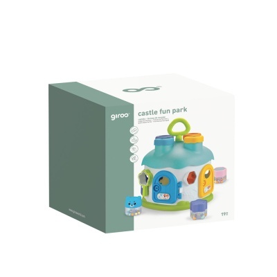 Caixa de brinquedo infantil em forma de castelo colorido com portas e janelas