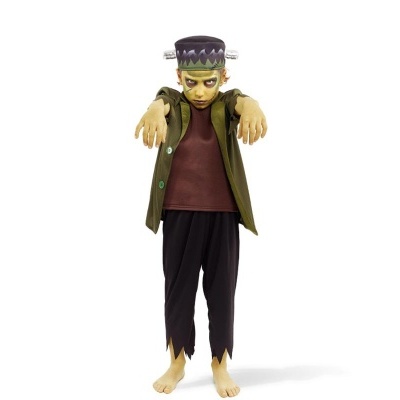 Figura de brinquedo do Frankenstein com roupa verde, castanha e preta