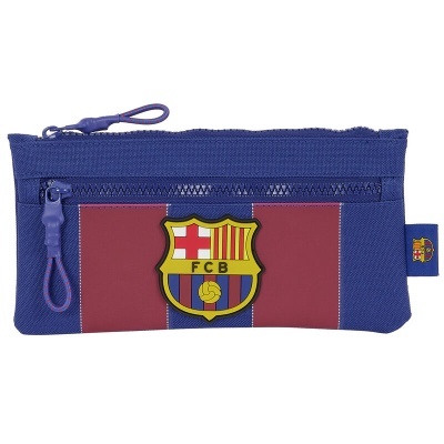 Estojo escolar azul e vermelho com emblema do FC Barcelona