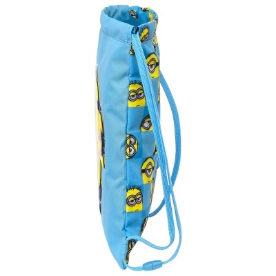 Mochila infantil azul com padrão dos Minions vista de lado