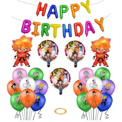 Conjunto de balões coloridos com tema Dragon Ball e balões a formar 'HAPPY BIRTHDAY'.