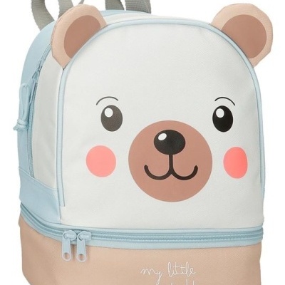 Mochila infantil azul claro e bege com desenho de rosto de urso e texto 'my little teddy'