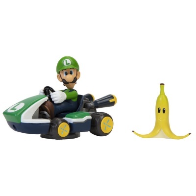Figura Luigi em kart verde e branco ao lado de casca de banana amarela com olhos sobre fundo branco