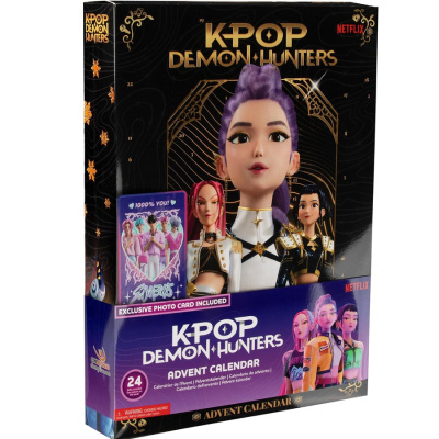 Calendário do advento KPOP DEMON HUNTERS com personagens animadas e detalhes em preto, dourado e roxo