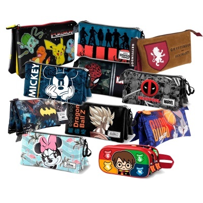Estojo com personagens variados e cores vivas, incluindo Disney, anime e séries.