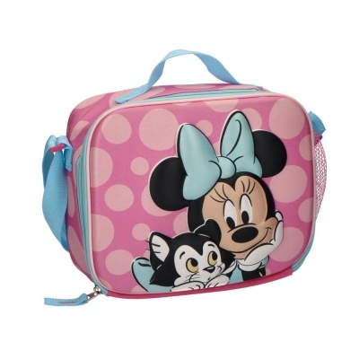 Mala térmica rosa com bolinhas e estampa da Minnie Mouse com gato.