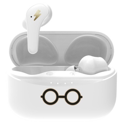 Auriculares brancos sem fios com estojo carregador branco e ícone de óculos pretos