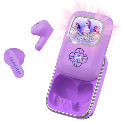 Auriculares sem fios lilás com estojo e ecrã com personagens animadas