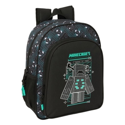 Mochila preta com padrão geométrico azul e cinza e bolso frontal com imagem Minecraft