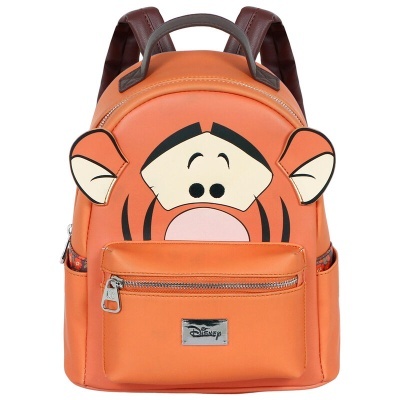 Mochila pequena laranja com rosto de Tiger, personagem da Disney, e orelhas 3D