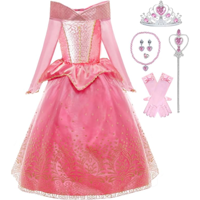 Vestido de princesa rosa com acessórios de joalharia e luvas cor de rosa