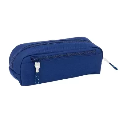 Estojo azul com dois fechos de correr e puxadores em branco com padrão azul e verde