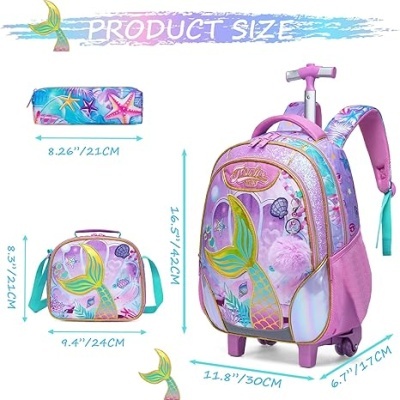 Mochila de rodinhas, lancheira e estojo lilás e rosa com tema sereia