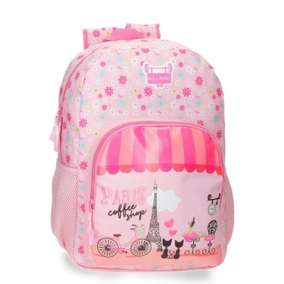 mochila rosa com padrão floral e imagem de Paris no bolso frontal