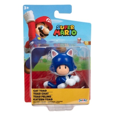 Figura Cat Toad do Super Mario em embalagem com cartão azul e vermelho e texto multilingue