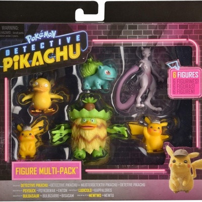 Pack de seis figuras de Pokémon Detective Pikachu em embalagem preta e rosa