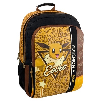 Mochila castanha e amarela com design do Pokémon Eevee