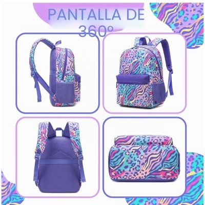 Mochila colorida com padrão animal print e alças roxas vista de vários ângulos
