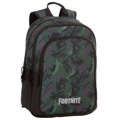 Mochila camuflada verde e preta com texto FORTNITE