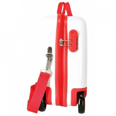 Mala de viagem rígida branca com detalhes vermelhos e alça vermelha