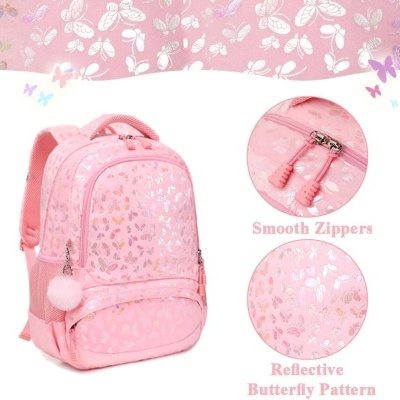 Mochila cor-de-rosa com padrão de borboletas e zíperes suaves