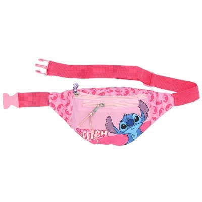 Pochete rosa com padrão de flamingos e personagem Stitch
