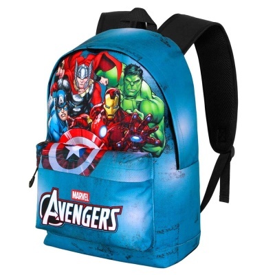 Mochila azul com personagens dos Vingadores e logótipo Marvel Avengers