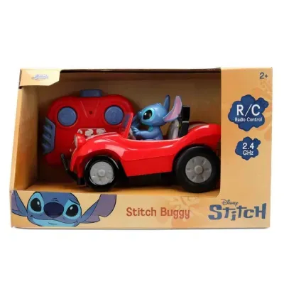 Brinquedo carro vermelho com figura Stitch e comando R/C em embalagem amarela