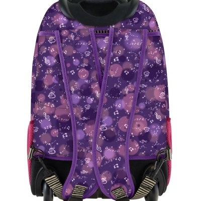mochila de rodas lilás com padrão rosa e detalhes em rede e rodinhas