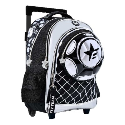 Mochila de rodinhas preta e branca com estampa de redes e bolas.