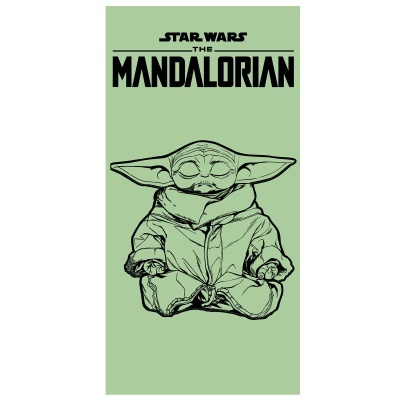 Toalha verde com desenho preto do Baby Yoda e texto Star Wars The Mandalorian
