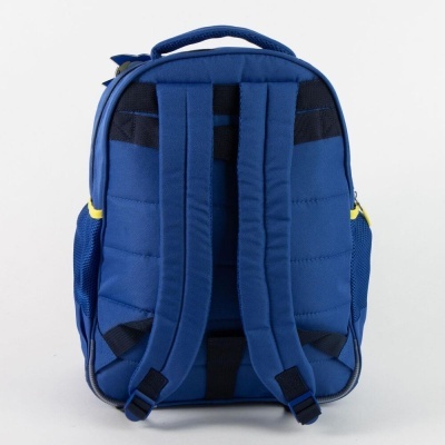 Mochila azul com alças acolchoadas e bolsos laterais em rede