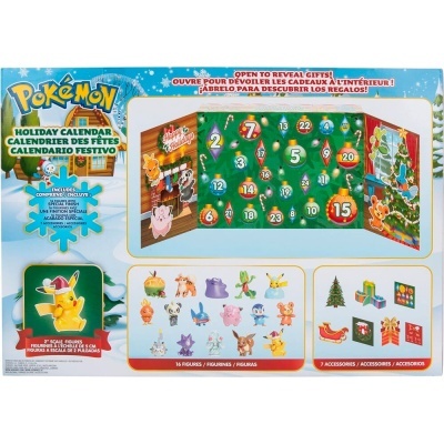 Caixa do Calendário do advento Pokémon Holiday Calendar com 24 portas numeradas e figuras ilustradas.